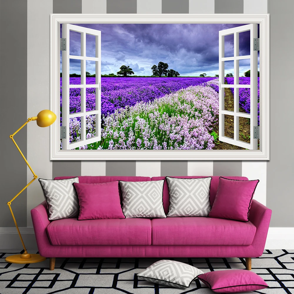 3D 벽 스티커 라벤더 필드 데칼 자체 접착 창보기 보 - Herbal Wallpaper 리뷰 및 가격
