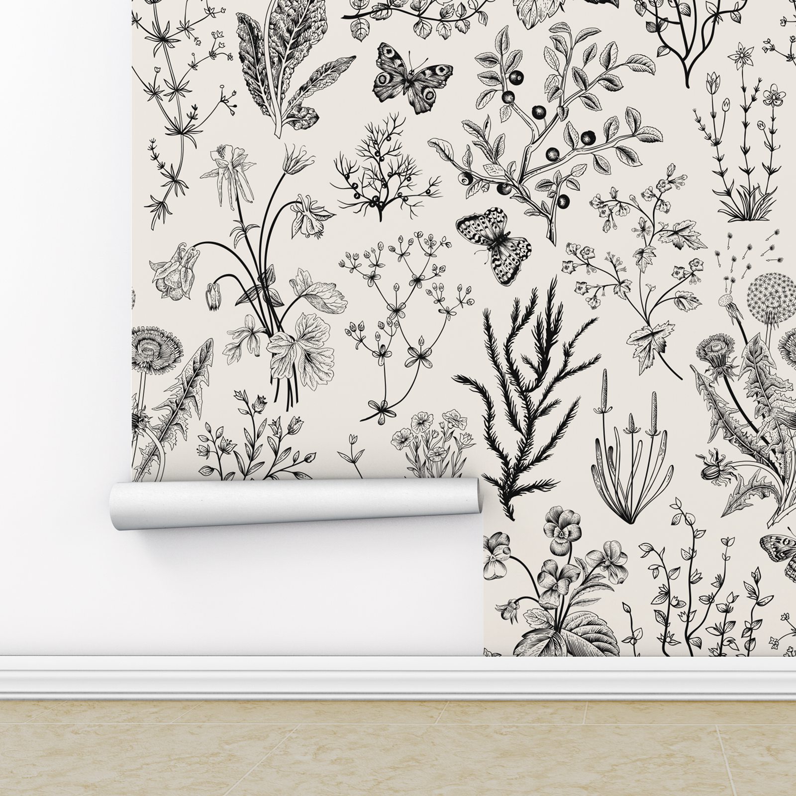 검정색과 베이지색 빈티지 허브 벽지, 복고풍 꽃 벽 예 - Herbal Wallpaper 리뷰 및 가격